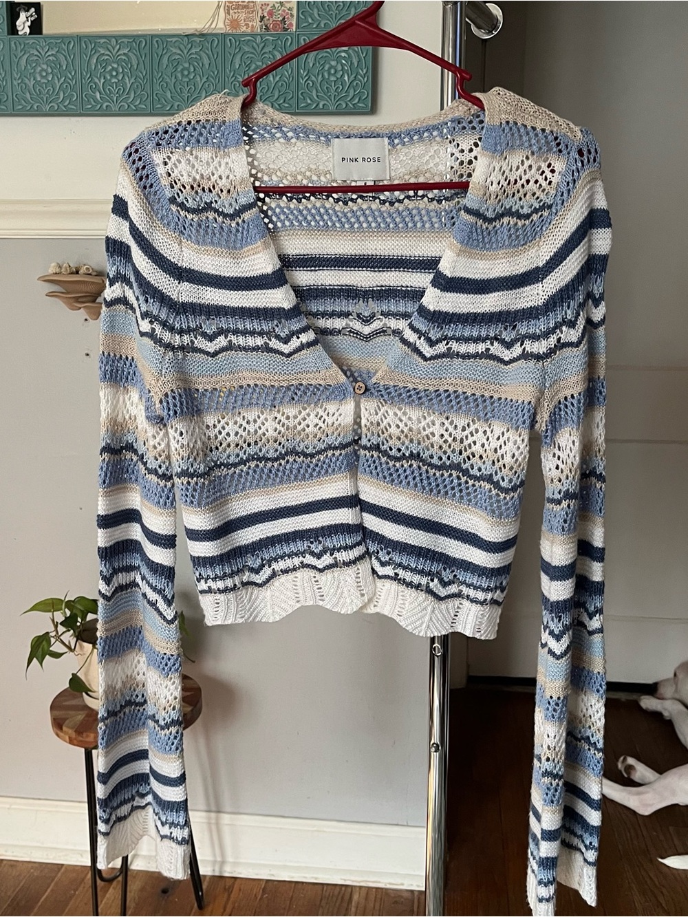 Pink Rose Women's Striped Open-Knit Cardigan in Blue, White, and Tan